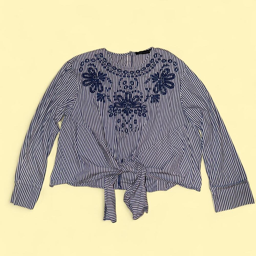 Zara Navy & White Striped Floral Embroidered Top  Medium